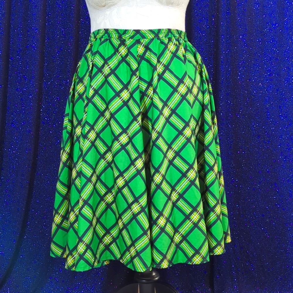 Green Plaid Bias Print Circle Skirt with Elastic Waist